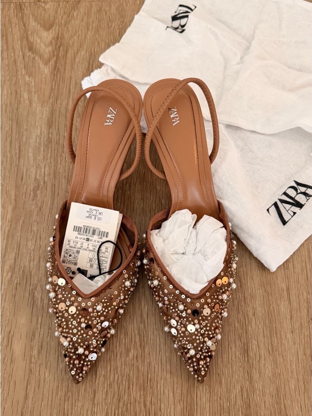 Zara Brown Embellished Pointed Slingback Heels - Picture 7 of 7